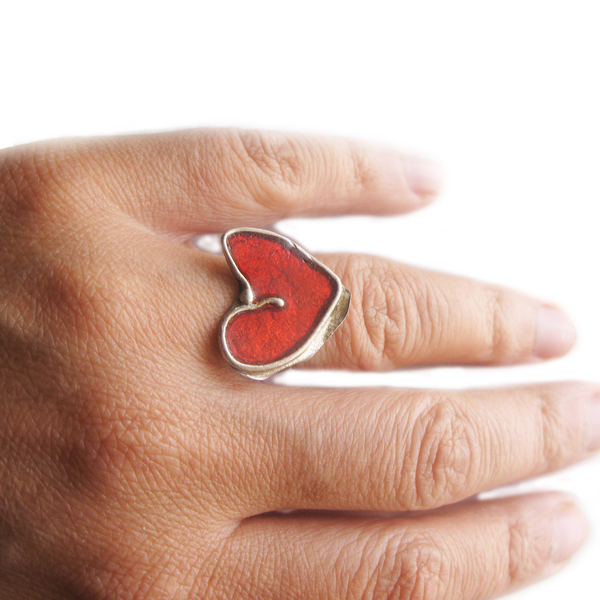 Ασημένιο δαχτυλίδι καρδιά/σμάλτο/handmade heart ring/red enamel ring - statement, ασήμι, handmade, μοναδικό, μοντέρνο, ασήμι 925, σμάλτος, καρδιά, αστέρι, χειροποίητα, εντυπωσιακό, must αξεσουάρ, must, αυξομειούμενα - 3