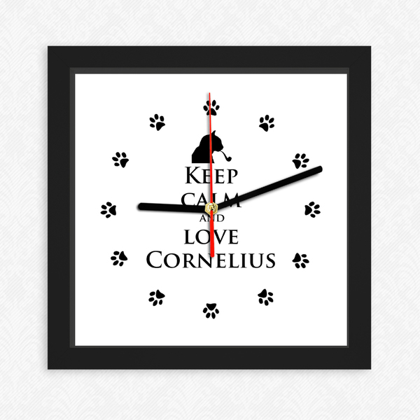 Ρολόϊ τοίχου 'Keep calm and love Cornelius' - γυαλί, design, ζωάκι, πλαστικό, ρολόι, χαρτί, επιτοίχιο, mdf, decor, γάτα, χειροποίητα, δώρα γάμου, δώρα για βάπτιση, δώρα, γενέθλια