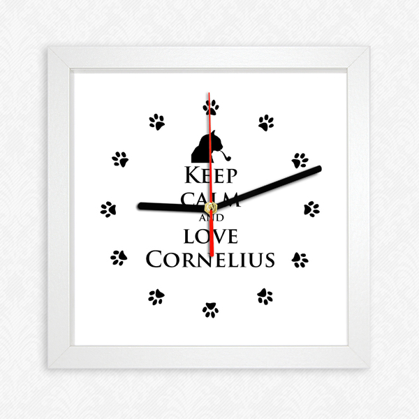 Ρολόϊ τοίχου 'Keep calm and love Cornelius' - γυαλί, design, ζωάκι, πλαστικό, ρολόι, χαρτί, επιτοίχιο, mdf, decor, γάτα, χειροποίητα, δώρα γάμου, δώρα για βάπτιση, δώρα, γενέθλια - 2