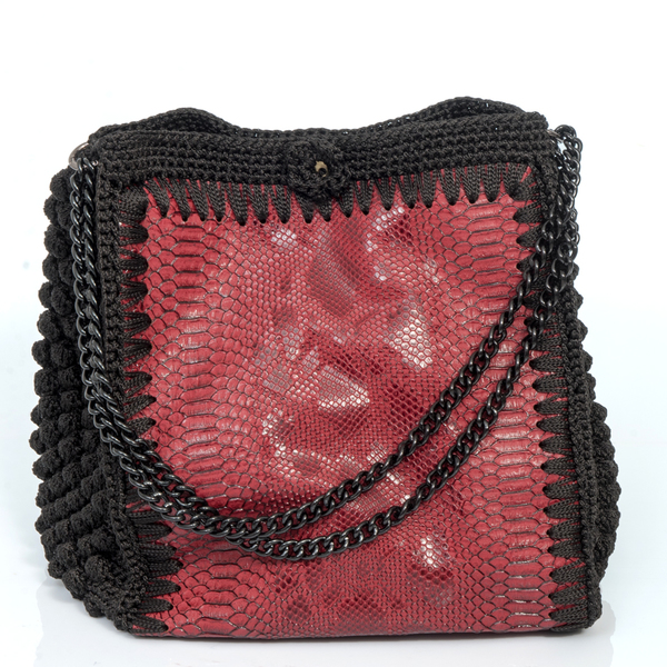 Χειροποίητη πλεκτή τσάντα με οικολογικό δέρμα - αλυσίδες, chic, πλεκτό, ώμου, κορδόνια, χειροποίητα, εντυπωσιακό - 2