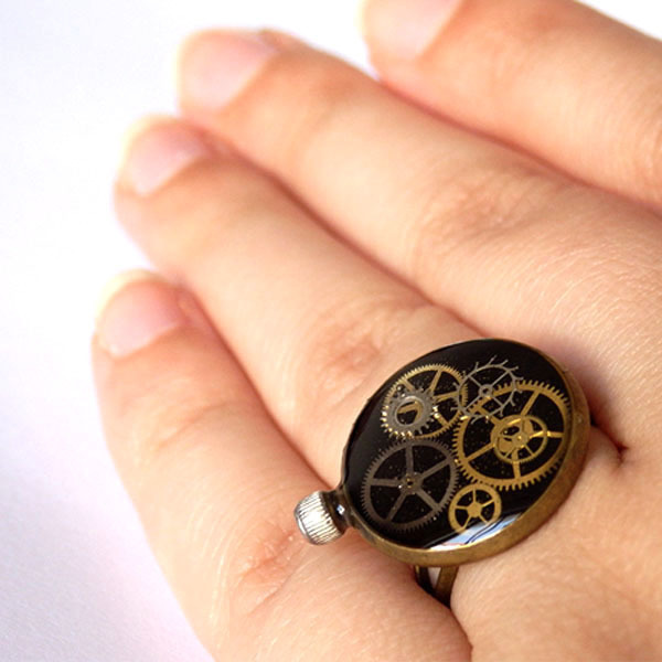*Drop of Time* | Μπρονζέ Δαχτυλίδι με Γρανάζια και Κορώνα - γυαλί, μοναδικό, μέταλλο, δαχτυλίδι, αυξομειούμενα - 4