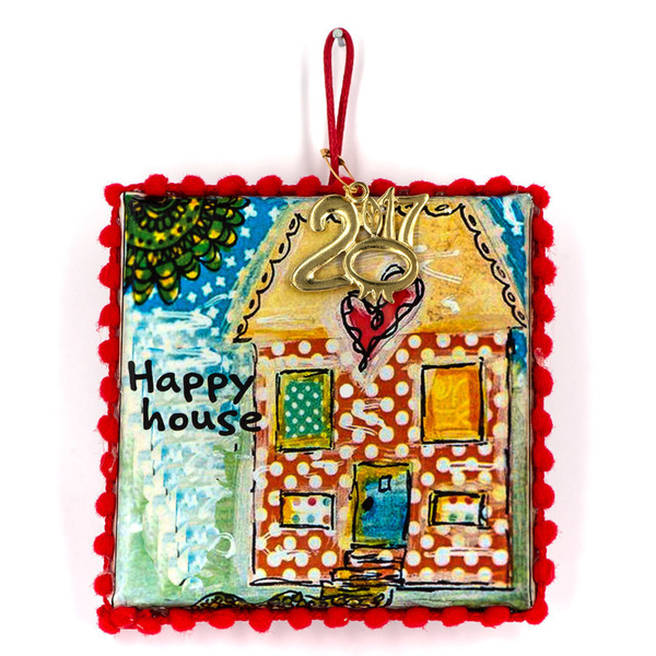 Happy house-καδράκι - διακοσμητικό, γούρι, ορείχαλκος, πίνακες & κάδρα, καμβάς, επιτοίχιο, δώρο, σπίτι, pom pom, στολίδι, χαρούμενο, χριστουγεννιάτικο