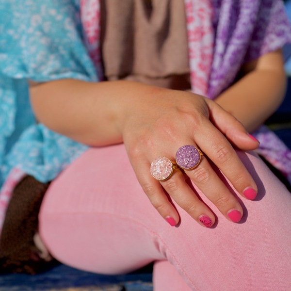 Επίχρυσο δαχτυλιδι ''Pink lavender'' - chic, handmade, γυναικεία, επιχρυσωμένα, κρύσταλλα, ακρυλικό, μέταλλο, χειροποίητα - 3