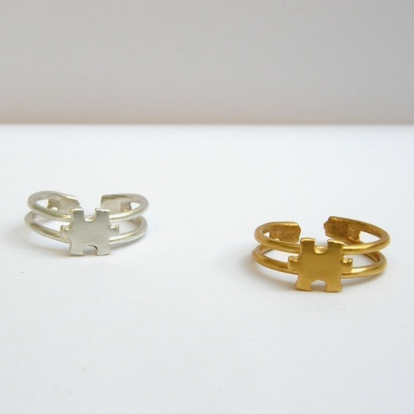 Δαχτυλιδάκι διπλό με Puzzle piece - charms, μοναδικό, επιχρυσωμένα, ορείχαλκος, επάργυρα, πρωτότυπο, δαχτυλίδι, χειροποίητα, minimal, βεράκια, αυξομειούμενα - 2