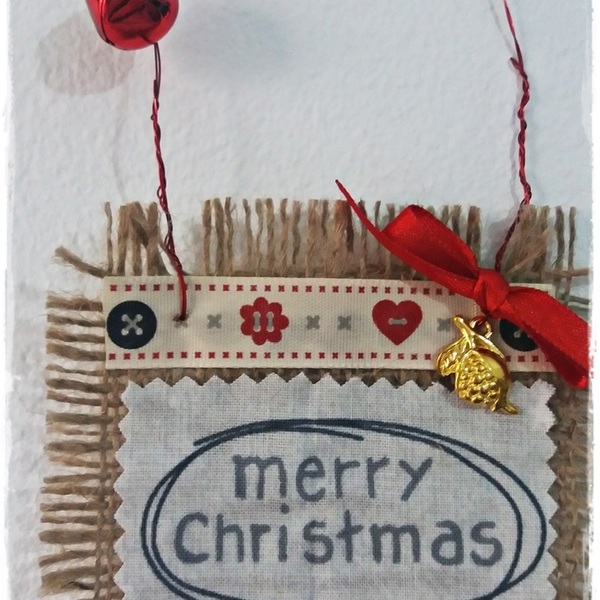 Γούρι κρεμαστό "merry chrismas" - ύφασμα, κορδέλα, χειροποίητα, στολίδι, δωράκι, χριστουγεννιάτικο, κρεμαστά - 2