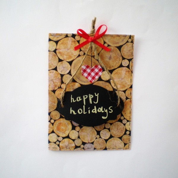 Christmas Greeting Card - ύφασμα, κορδέλα, ξύλο, χαρτί, χειροποίητα