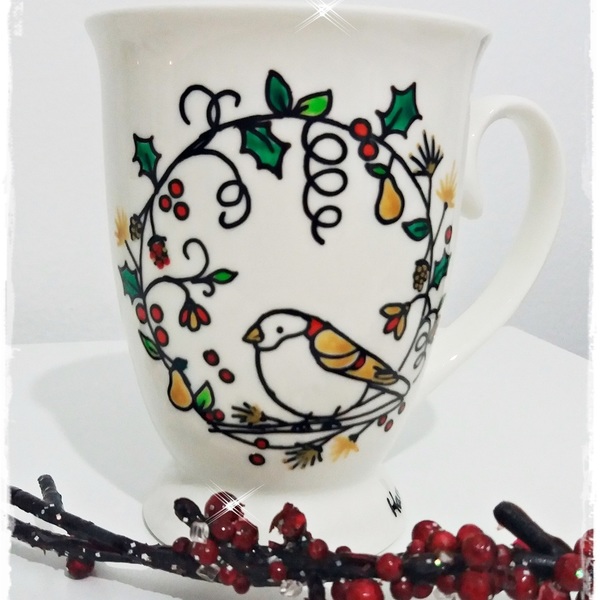 Χριστουγεννιάτικη κούπα "Xmas bird" - vintage, ιδιαίτερο, κουζίνα, πρωτότυπο, χειροποίητα, πορσελάνη, δωράκι, χριστουγεννιάτικο - 3