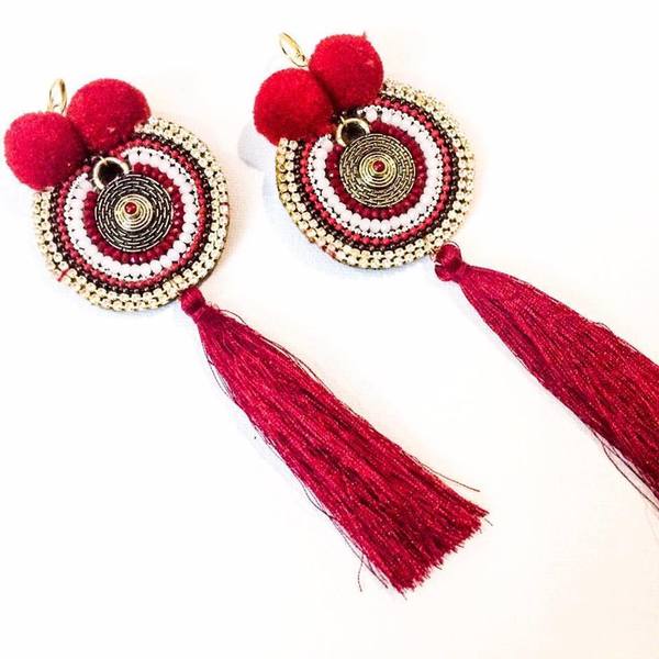 Red pom pon earrings - statement, αλυσίδες, στρας, handmade, μοναδικό, μοντέρνο, pom pom, χειροποίητα, boho