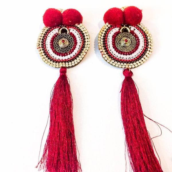 Red pom pon earrings - statement, αλυσίδες, στρας, handmade, μοναδικό, μοντέρνο, pom pom, χειροποίητα, boho - 2