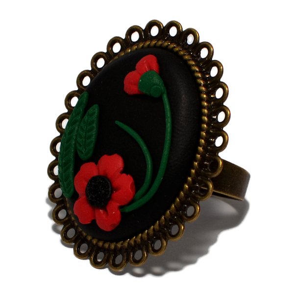 Μαύρο φλοράλ δαχτυλίδι σε βίνταζ στυλ δαχτυλίδι με παπαρούνες - statement, vintage, στρογγυλό, λουλούδια, αγάπη, πηλός, μέταλλο, δαχτυλίδι, χειροποίητα, φλοράλ, αυξομειούμενα