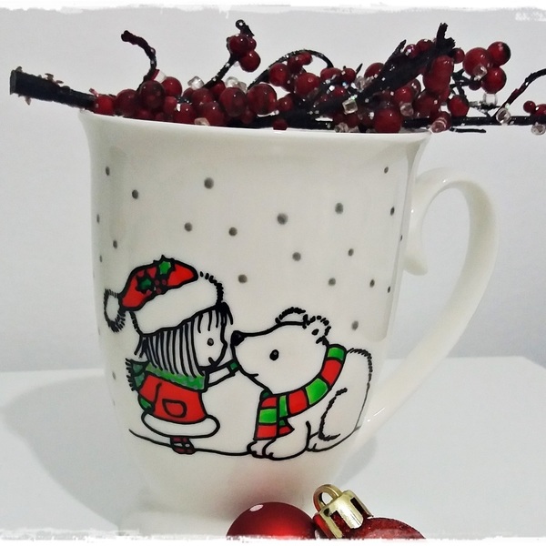 Χριστουγεννιάτικη κούπα "annie and bear" - ιδιαίτερο, κουζίνα, πρωτότυπο, χειροποίητα, πορσελάνη, δωράκι, personalised, χριστουγεννιάτικο - 3