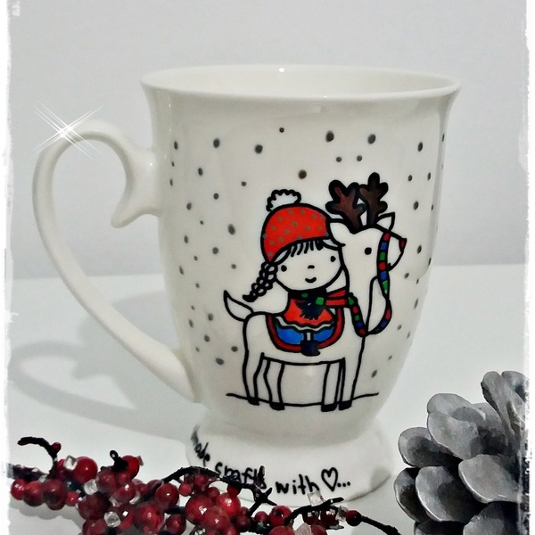 Χριστουγεννιάτικη κούπα "annie and rudolf" - ιδιαίτερο, κουζίνα, χειροποίητα, πορσελάνη, δωράκι, personalised, χριστουγεννιάτικο - 3