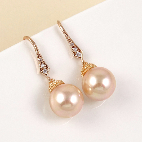 Ροζ επίχρυσα σκουλαρίκια με σομόν shell pearl - βραδυνά, δώρο, σκουλαρίκια, εντυπωσιακά, γάμος - 2
