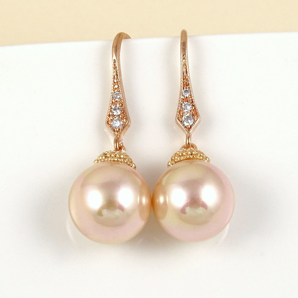 Ροζ επίχρυσα σκουλαρίκια με σομόν shell pearl - βραδυνά, δώρο, σκουλαρίκια, εντυπωσιακά, γάμος - 3