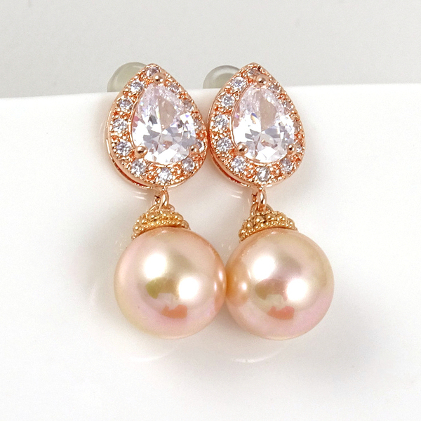 Ροζ επίχρυσα σκουλαρίκια με σομόν shell pearl και ζιργκόνια - βραδυνά, ιδιαίτερο, δώρο, σκουλαρίκια, γάμος, romantic