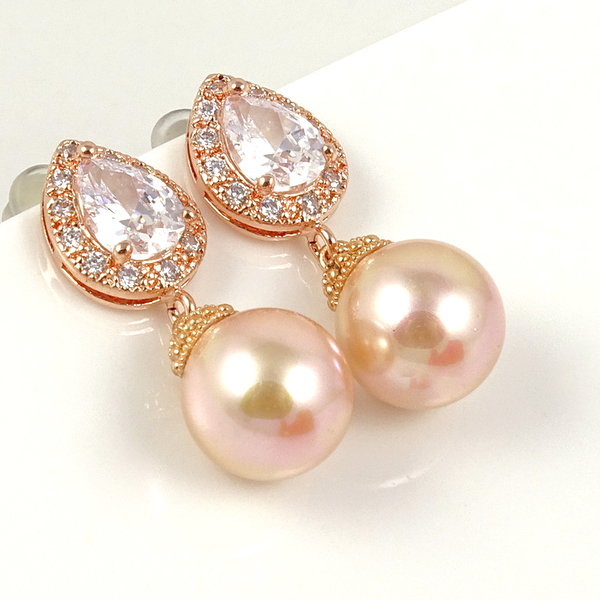Ροζ επίχρυσα σκουλαρίκια με σομόν shell pearl και ζιργκόνια - βραδυνά, ιδιαίτερο, δώρο, σκουλαρίκια, γάμος, romantic - 2