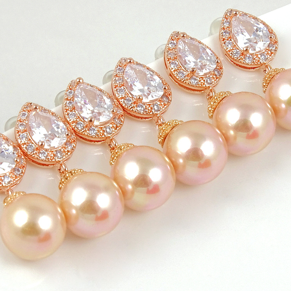 Ροζ επίχρυσα σκουλαρίκια με σομόν shell pearl και ζιργκόνια - βραδυνά, ιδιαίτερο, δώρο, σκουλαρίκια, γάμος, romantic - 3