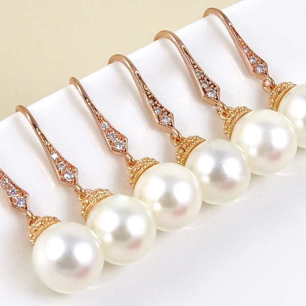 Ροζ επίχρυσα σκουλαρίκια με άσπρα shell pearl - βραδυνά, ιδιαίτερο, δώρο, σκουλαρίκια, γάμος - 2