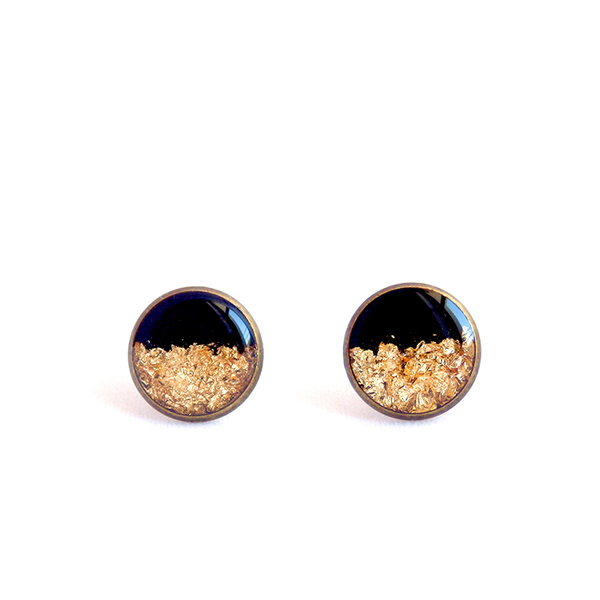 *Black & Gold* | Σκουλαρίκια Stud με Χρυσό Φύλλο - γυαλί, γυαλί, μέταλλο, σκουλαρίκια, εντυπωσιακά, φύλλο, φύλλο