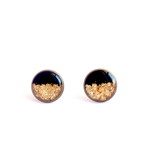 *Black & Gold* | Σκουλαρίκια Stud με Χρυσό Φύλλο - γυαλί, γυαλί, μέταλλο, σκουλαρίκια, εντυπωσιακά, φύλλο, φύλλο