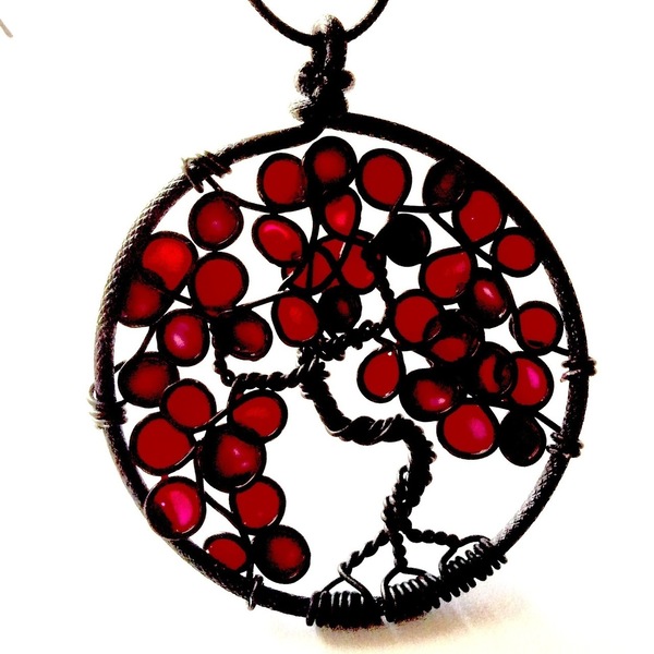 Κολιέ με το δέντρο της ζωής~κόκκινο - χρωματιστό, μοναδικό, γυναικεία, αλουμίνιο, κύκλος, κολιέ, κορδόνια, κορδόνια, καθημερινό, αυξομειούμενα