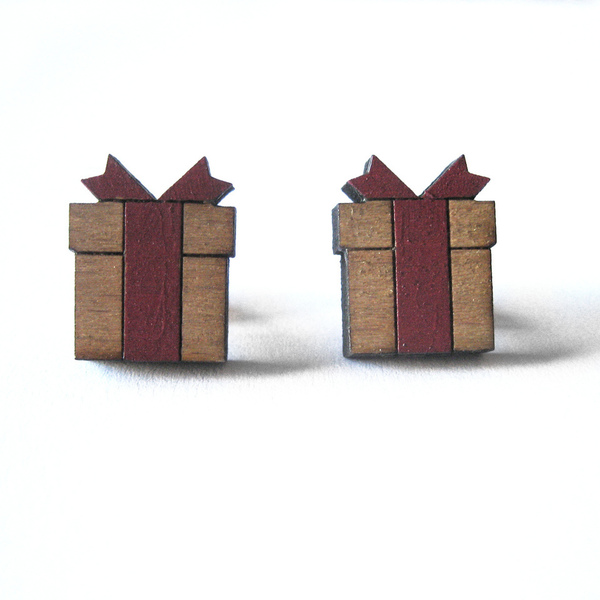 Christmas Gift Studs - ξύλο, σκουλαρίκια, χειροποίητα, δωράκι, χριστουγεννιάτικο - 2