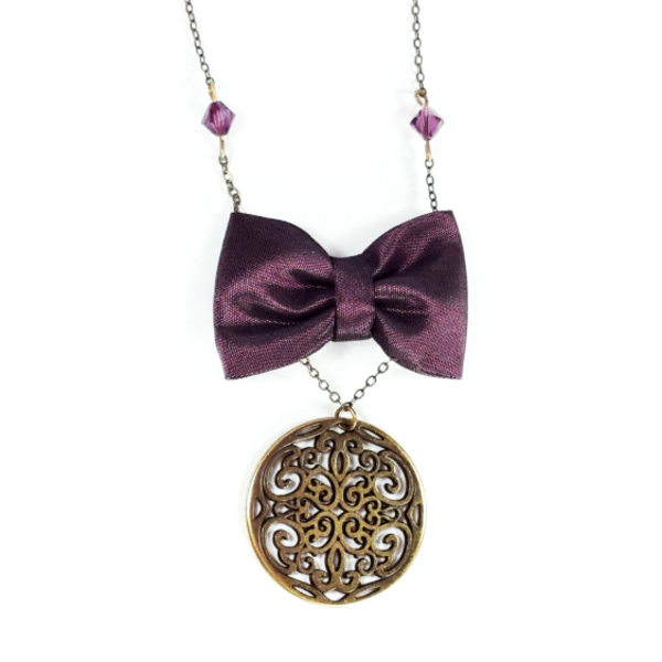 Romantic vintage necklace Dark Purple - μετάξι, ύφασμα, αλυσίδες, φιόγκος, chic, fashion, vintage, ιδιαίτερο, μοναδικό, γυναικεία, μακρύ, κορίτσι, δώρο, κολιέ, χειροποίητα, για όλες τις ώρες, romantic, μακριά, δωράκι, είδη δώρου, στυλ φιόγκος