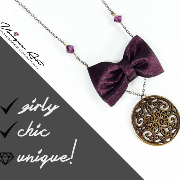 Romantic vintage necklace Dark Purple - μετάξι, ύφασμα, αλυσίδες, φιόγκος, chic, fashion, vintage, ιδιαίτερο, μοναδικό, γυναικεία, μακρύ, κορίτσι, δώρο, κολιέ, χειροποίητα, για όλες τις ώρες, romantic, μακριά, δωράκι, είδη δώρου, στυλ φιόγκος - 3