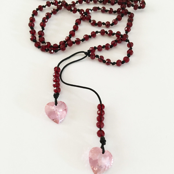 Ρουμπινί Rosario με Ροζ καρδιες - chic, handmade, κρύσταλλα, μακραμέ, κολιέ, χειροποίητα, minimal