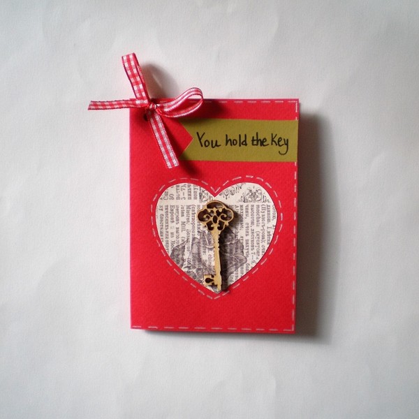 Valentine's Day Card - κορδέλα, ξύλο, χαρτί, χειροποίητα