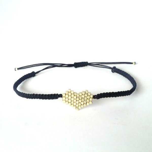 Heart bracelet, βραχιόλι καρδιά χρυσό γαλβανιζέ - chic, handmade, μοναδικό, μοντέρνο, γυναικεία, καρδιά, δώρο, βραχιόλι, κορδόνια, χειροποίητα, χάντρες, miyuki delica, δώρα για γυναίκες - 2