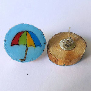 Stud earrings "Rainy Day". - handmade, ξύλο, γυαλί, ζωγραφισμένα στο χέρι, μοναδικό, δώρο, αγάπη, ακρυλικό, cute, σκουλαρίκια, χειροποίητα, πρωτότυπα, είδη δώρου, ξύλινο - 3