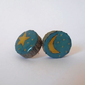Stud earrings "Starry Night". - ξύλο, γυαλί, ζωγραφισμένα στο χέρι, μοναδικό, αστέρι, δώρο, αγάπη, φεγγάρι, πρωτότυπο, σκουλαρίκια, χειροποίητα, unique - 2