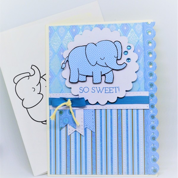Kάρτα "Ένα μικράκι ελεφαντάκι" - κορδέλα, στρας, αγόρι, χαρτί, δώρο, κορδόνια, δωράκι, γέννηση
