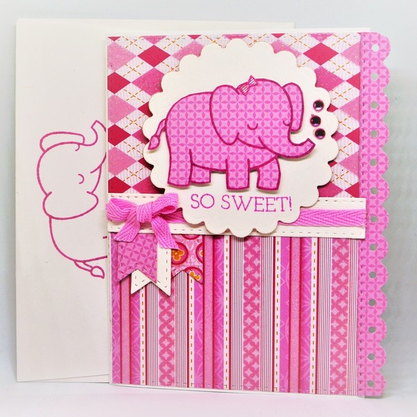 Kάρτα "Ένα μικράκι ελεφαντάκι-κοριτσάκι" - κορδέλα, στρας, κορίτσι, χαρτί, γκλίτερ, δώρα για βάπτιση, δώρα, γέννηση
