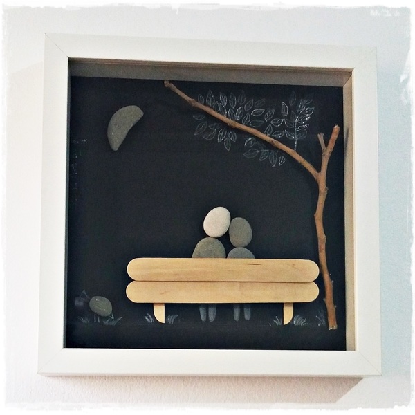 NEW!!! Κάδρο Stone Art "...Couple in the moonlight" - διακοσμητικό, ξύλο, γυαλί, ιδιαίτερο, μοναδικό, μοντέρνο, πίνακες & κάδρα, επιτοίχιο, πρωτότυπο, χειροποίητα, πέτρες, πέτρες, δώρα γάμου, δωράκι, 3d, minimal