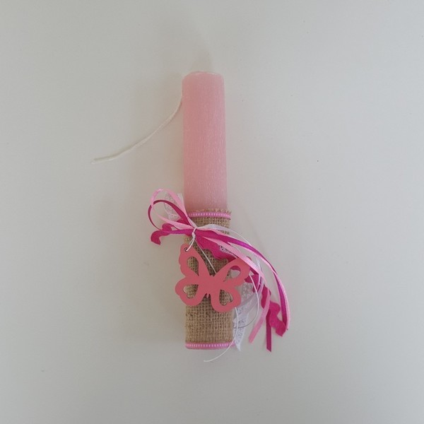 Λαμπάδα ροζ πεταλούδα - κορδέλα, ξύλο, δαντέλα, κορίτσι, λαμπάδες, κορδόνια, χειροποίητα, πεταλούδα, κερί, αρωματικά κεριά, αρωματικό, για εφήβους