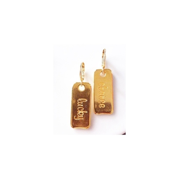 Σκουλαρίκια κρικάκια χρυσά με ταυτότητα κρεμαστη που γράφει chance/lucky ή happiness/bonheur - chic, επιχρυσωμένα, σκουλαρίκια, πρωτότυπα, κρίκοι