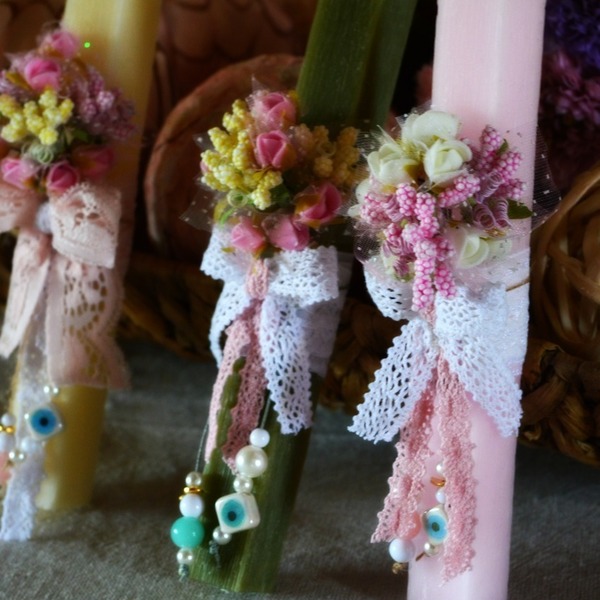 Mini-λαμπαδίτσα - κορδέλα, δαντέλα, λουλούδια, λαμπάδες, χειροποίητα, χάντρες, romantic, κερί - 3