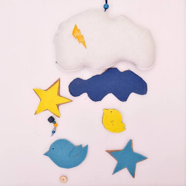 Mobile Σύννεφο - ύφασμα, αστέρι, τσόχα, πουλάκια, χάντρες, μόμπιλε, φελλός
