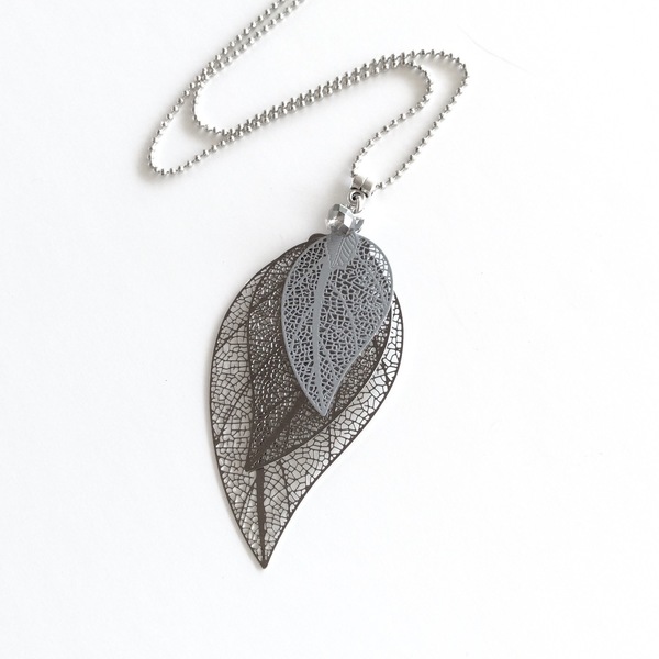 Κολιέ με τρία φύλλα φιλιγκρί - Necklace with three filigree leaves - ορείχαλκος, κρύσταλλα, φύλλο, μακριά