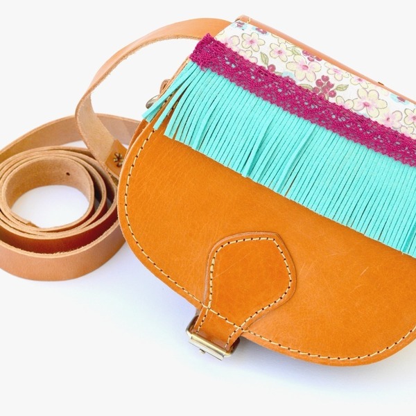 Mini Veraman Fringe Leather Bag - δέρμα, ύφασμα, πολύχρωμο, δαντέλα, καλοκαιρινό, τσάντα, χειροποίητα, romantic, ethnic, κρόσσια - 2