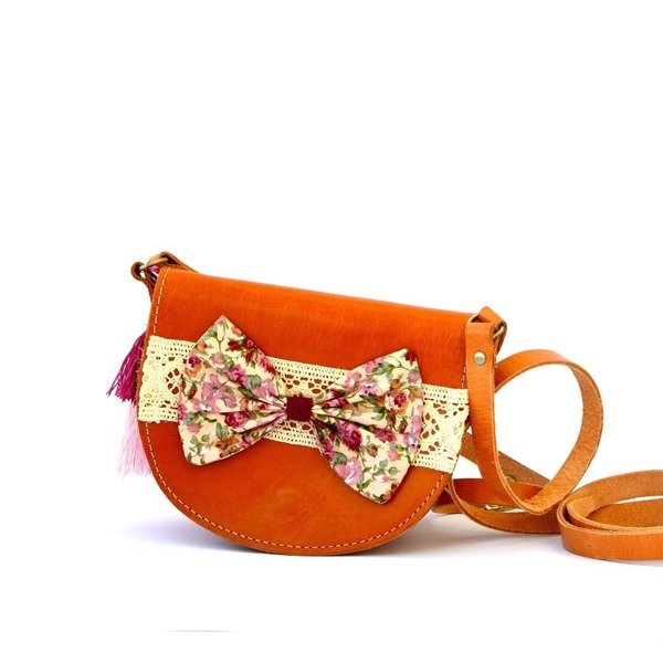 Mini Flower Bow Leather Bag - δέρμα, ύφασμα, handmade, δαντέλα, καλοκαιρινό, τσάντα, χειροποίητα, romantic