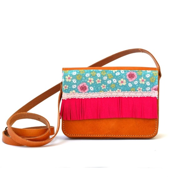 Mini Fuxia Fringe Leather Bag - δέρμα, ύφασμα, handmade, λουλούδια, τσάντα, χειροποίητα, κρόσσια