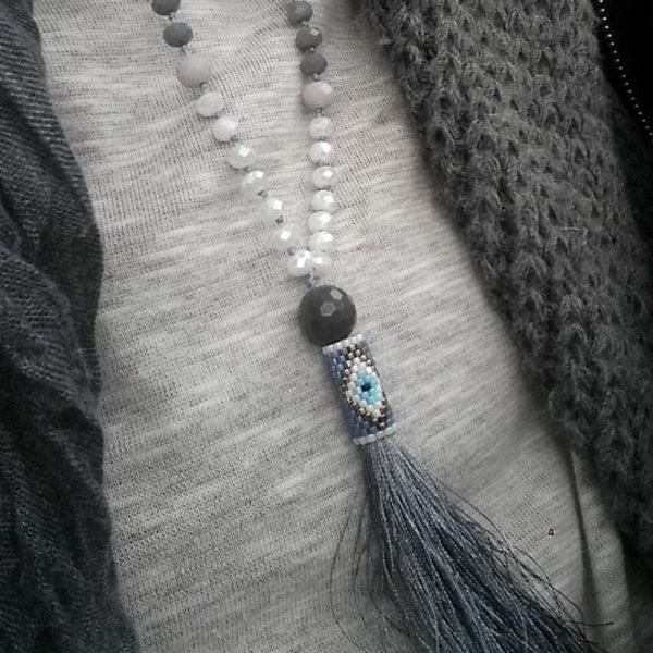 Grey long tassel necklace, μακρύ γκρι κολιέ με στοιχείο ραμμένο στο χέρι - chic, handmade, μοναδικό, μοντέρνο, μακρύ, δώρο, κολιέ, κορδόνια, χειροποίητα, χάντρες, miyuki delica, boho - 4