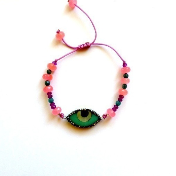 βραχιόλι μάτι διπλής όψης - ημιπολ. πέτρες ( ροζ) - ημιπολύτιμες πέτρες, αχάτης, νεφρίτης, swarovski, βραχιόλια, χειροποίητα, μάτι