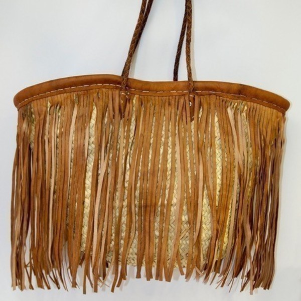 Boho basket - ψάθινη τσάντα με δερμάτινα κρόσια - δέρμα, γυναικεία, καλοκαίρι, ψάθα, boho - 2