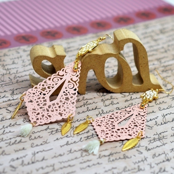 Σκουλαρίκια Laser Gold & Pink S3239 - με φούντες, σκουλαρίκια, γεωμετρικά σχέδια, φύλλο, faux bijoux - 4