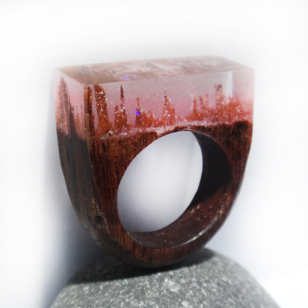 Ξύλινο Δαχτυλίδι “Twilight Forest” - statement, ξύλο, ρητίνη, δαχτυλίδι, ξύλινο, κερί, σταθερά, μεγάλα