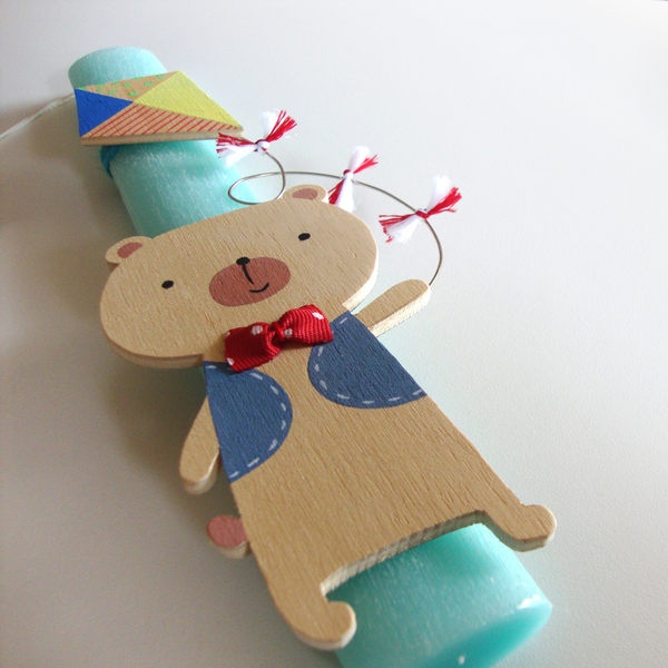 Λαμπάδα "Αρκούδος με χαρταετό" by Red button - κορδέλα, ξύλο, κορίτσι, αγόρι, λαμπάδες, αρκουδάκι, κερί